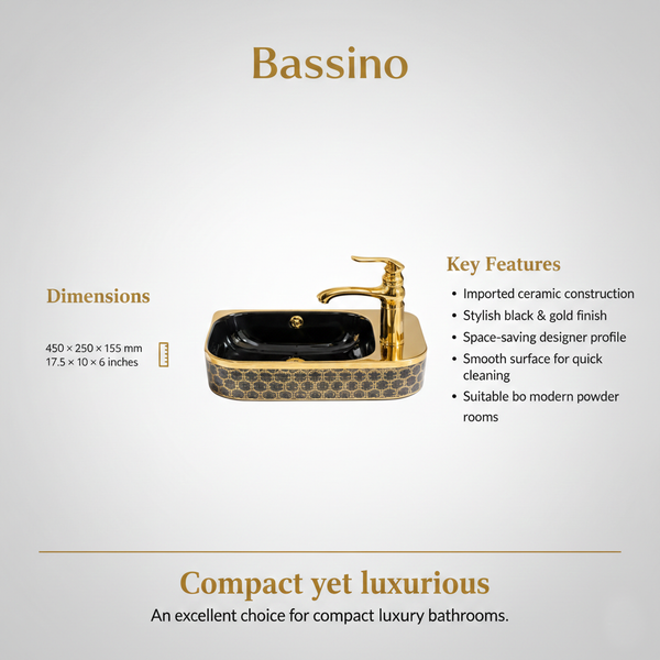 Bassino Compact Designer Wash Basin  – 17.5 × 10 × 6 Inches | Black Gold Finish