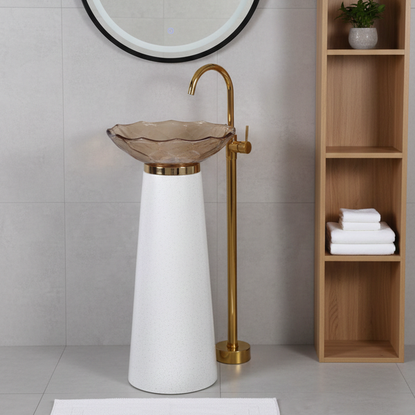 Glass Pedestal Wash Basin,size-16x16x34 Inch White With Amber