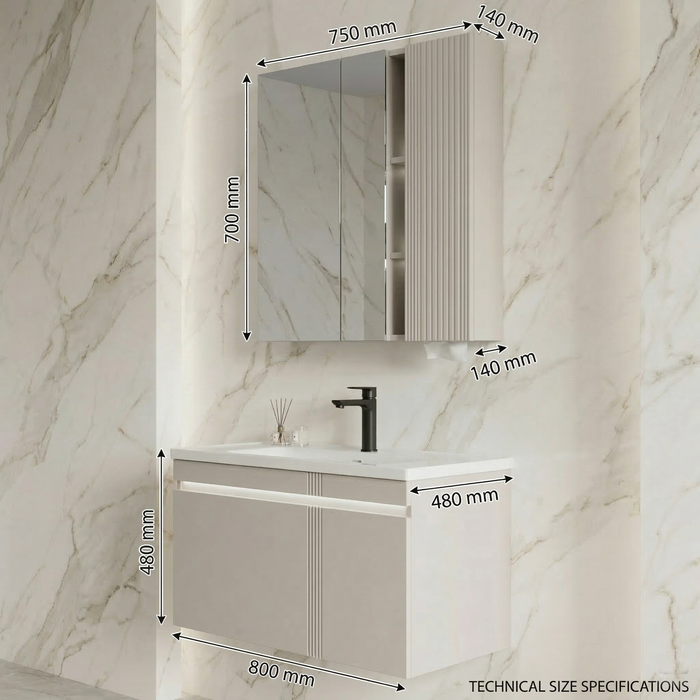 BASSINO Bathroom Vanity Cabinet Set – 32″ Plywood Vanity with Ceramic Basin & 30″ LED Mirror Cabinet