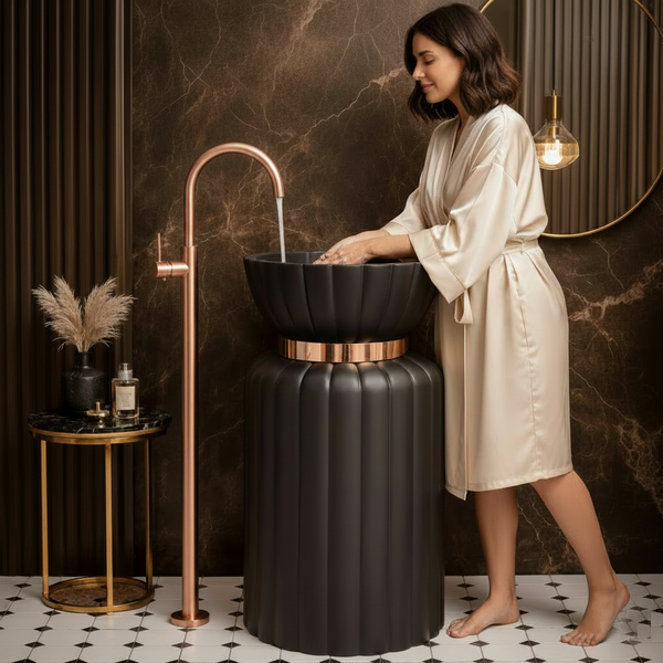 Luxury Black Pedestal Wash Basin with Gold Accent | Designer Freestanding Basin 17.5″ × 17.5″ × 34.5″ In