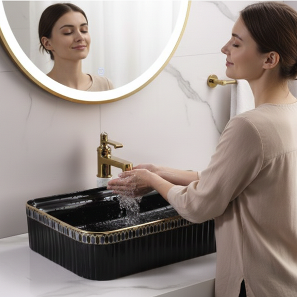 Bassino Luxury Designer Counter Top Wash Basin | Premium Rectangular Table Top Basin | Approx. 24 × 14 × 6 Inches Black
