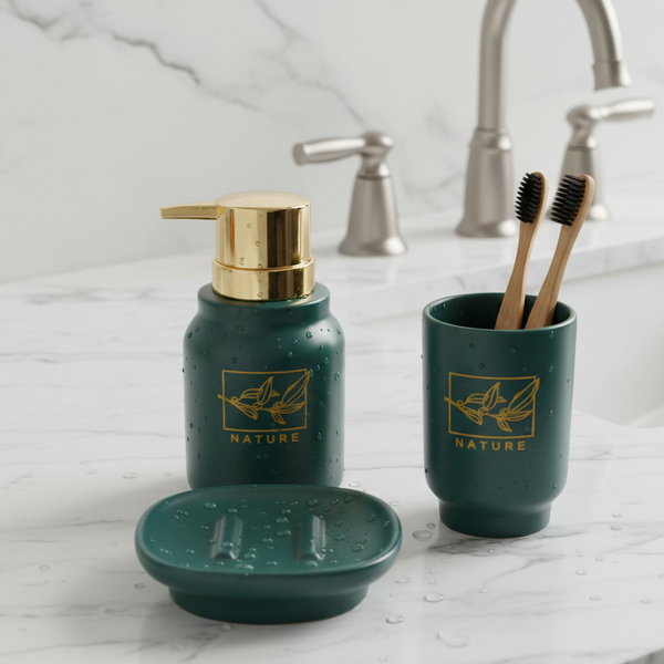 Ceramic 3-Piece Bathroom Accessory Set – Premium Gold Print Series Green