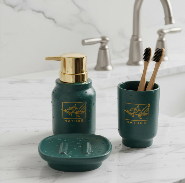 Ceramic 3-Piece Bathroom Accessory Set – Premium Gold Print Series