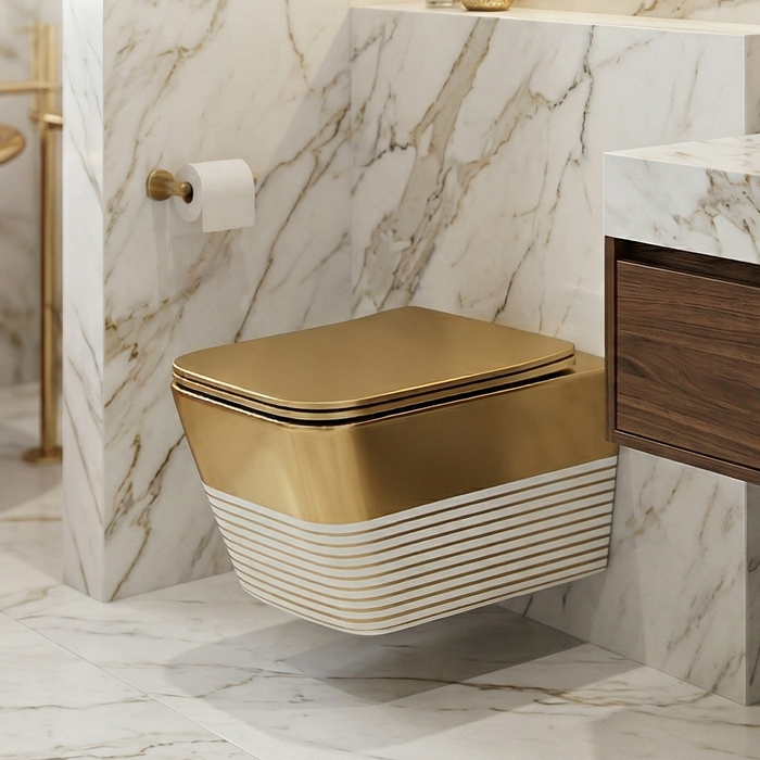 Bassino Gold Luxury Wall Hung Toilet – Rimless WC with UF Seat Cover | 20.5 x 13.5 x 14 Inches