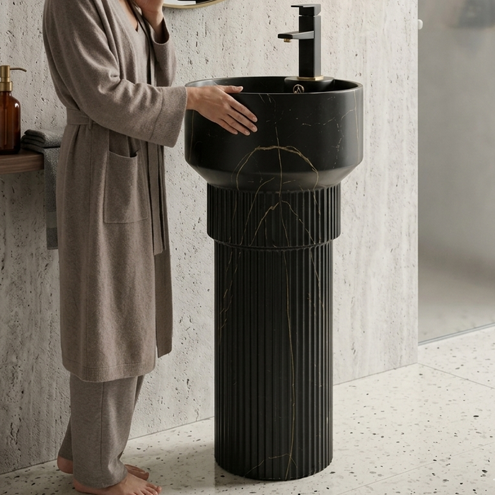 BASSINO Designer Pedestal Basin – 16″ x 17″ x 33″ In, Luxury Floor Standing Black Marble Finish Wash Basin