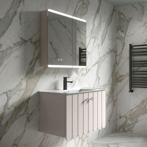 BASSINO Bathroom Vanity Cabinet Set – 32″ Plywood Vanity with Ceramic Basin & 30″ LED Mirror Cabinet