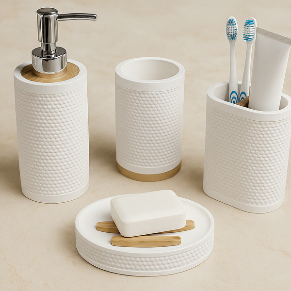 Wood accent Bathroom Accessory Set White