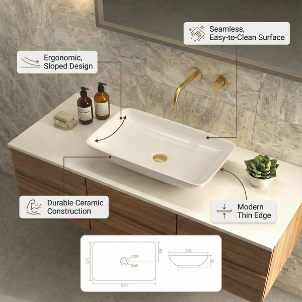 Premium Modern Ceramic White Rectangular Table Top Basin (MARIGOLD) (630x375x115mm)