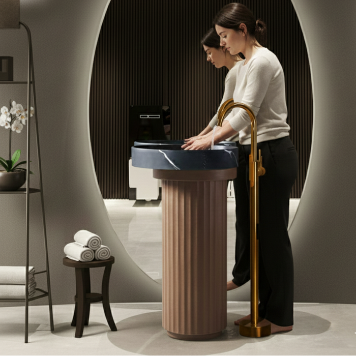 Luxury Fluted Pedestal | Sculptural Two-Tone Design Artificial Stone Pedestal Basin 19″ × 19″ × 34″ In