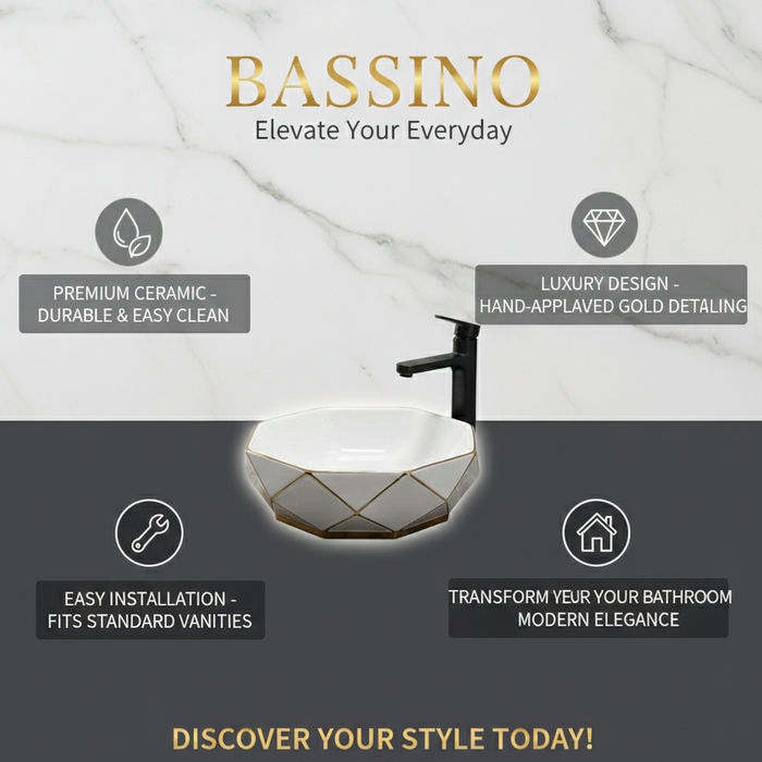 Premium Designer Ceramic Table Top Wash Basin, Gold & White Matt (16 x 16 x 5.5 In) EQP-1050
