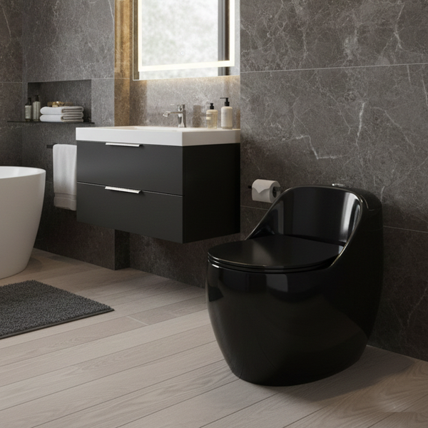Luxury One-Piece Western Toilet | Glossy Floor Mounted WC | Approx. 27 × 18 × 23 Inches Black