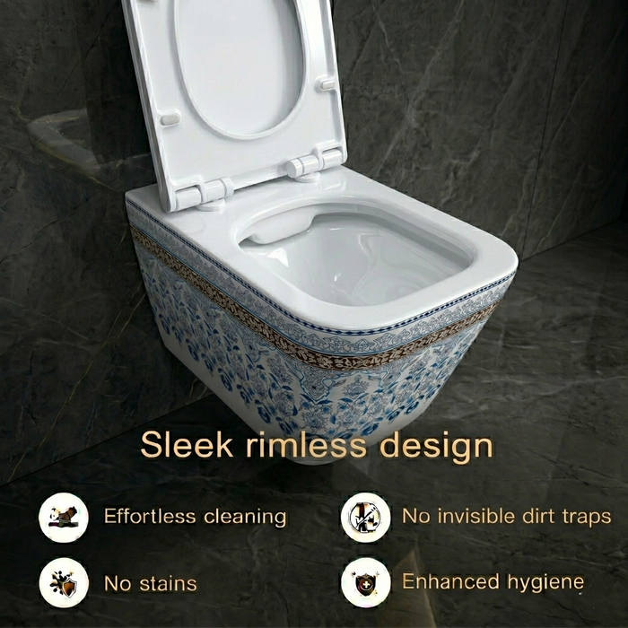 Bassino Wall Hung Toilet (21 x 13 x 14 Inches) – Designer Floral Pattern Finish | Luxury Wall Mounted WC