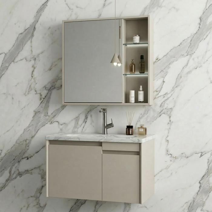 BASSINO Bathroom Vanity Cabinet Set – 32″ Wall Mounted Plywood Vanity with Ceramic Basin & LED Mirror Cabinet