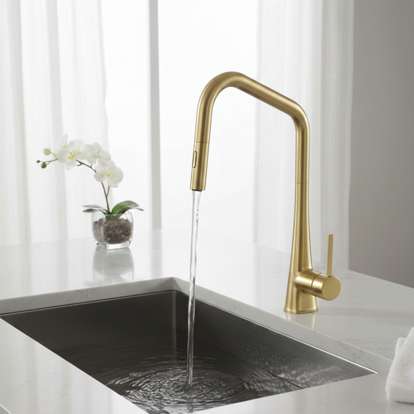 BASSINO Pull Down Kitchen Mixer Tap – Brushed Gold | Single Lever | Flexible Spray | Stainless Steel Pull Head | Modern Kitchen Faucet - 5 years Warranty