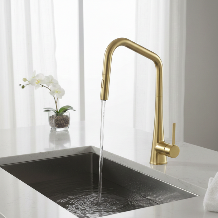 BASSINO Pull Down Kitchen Mixer Tap – Brushed Gold | Single Lever | Flexible Spray | Stainless Steel Pull Head | Modern Kitchen Faucet - 5 years Warranty
