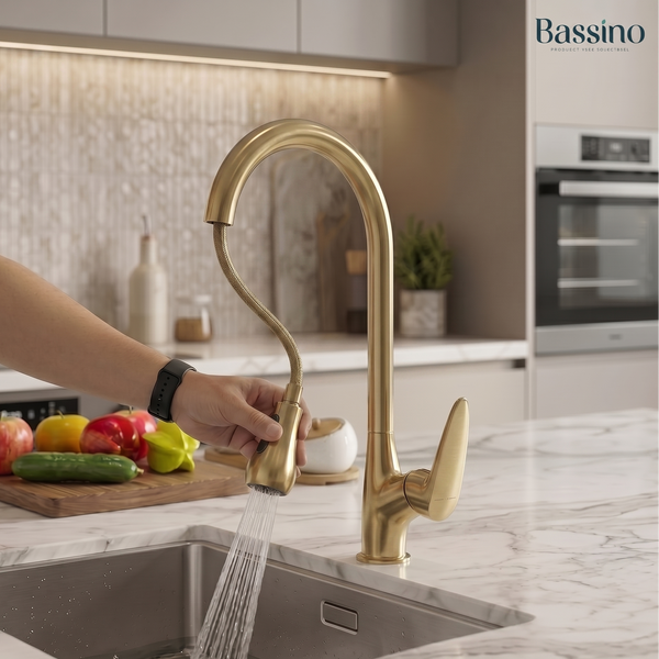 Premium 3-Function Kitchen Sink Mixer Tap – 360° Swivel | Multiple Finishes | 7-Year Warranty Brush Gold