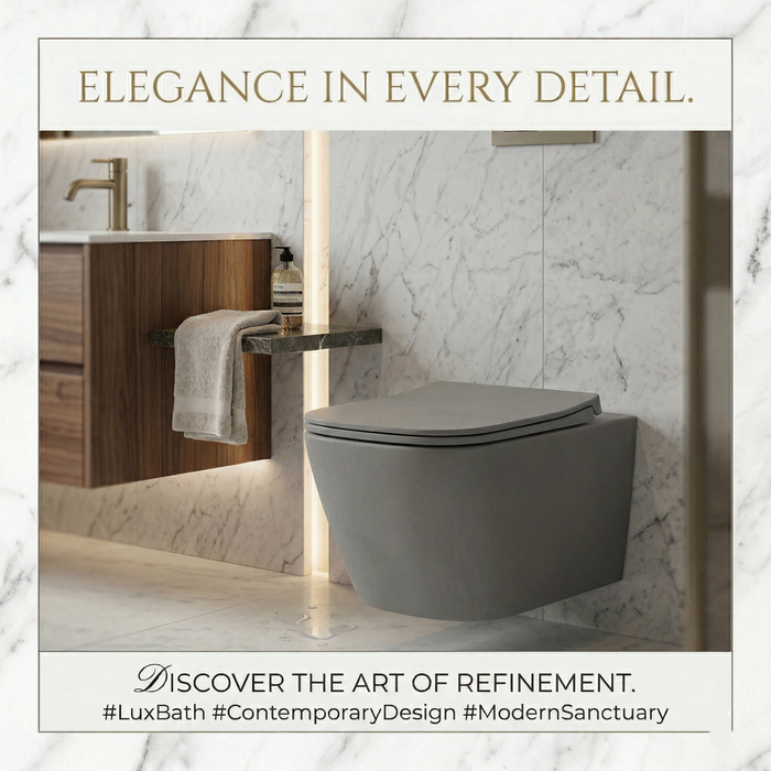 Bassino Full Matt Grey Wall Hung Toilet – Rimless WC with UF Seat Cover | 20.5 x 13.5 x 14.2 Inches