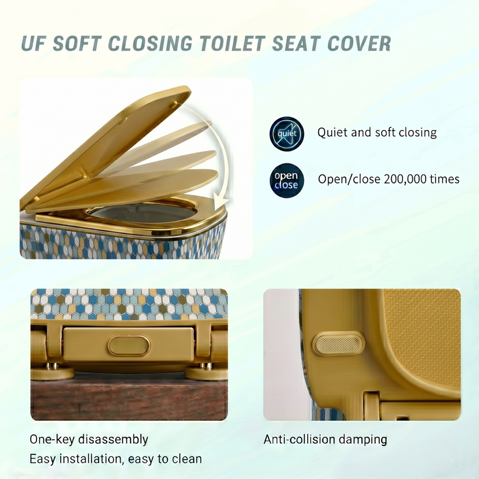 Bassino Designer Wall Hung Toilet (20.5 x 13.5 x 14 Inch) | Golden UF Seat Cover Rimless WC | Modern Commode