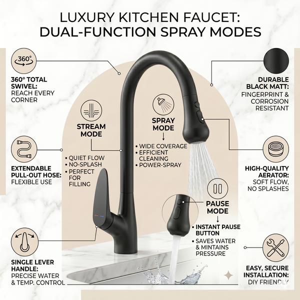 Premium 3-Function Kitchen Sink Mixer Tap – 360° Swivel | Multiple Finishes | 7-Year Warranty Black