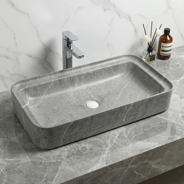 Luxury Matt Marble Countertop Wash Basin | Designer Rectangular Table Top Basin |  (30" × 16" × 6" IN) Grey
