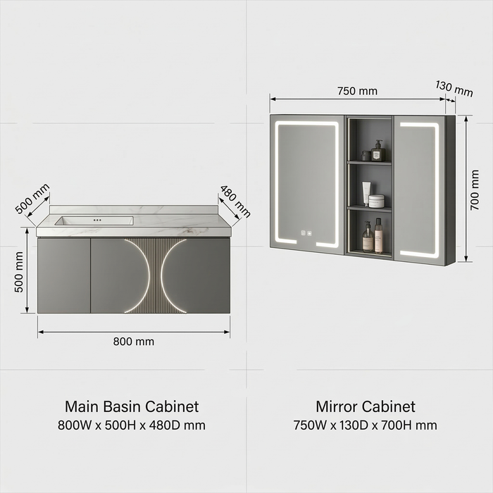 BASSINO Bathroom Vanity Cabinet Set – 32″ Plywood Vanity with Rock Slate Seamless Basin & 30″ LED Mirror Cabinet