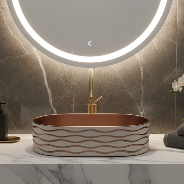 Bassino Luxury Table Top Wash Basin– 20 × 12 × 6 Inches | Matte Taupe Rose Gold Finish