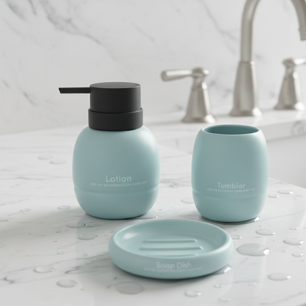 3-Piece Premium Ceramic Bathroom Accessory Set Aqua Blue