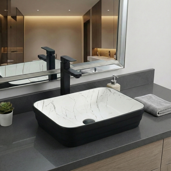 Double Color Matt Marble Bathroom Sink Rectangular Countertop Wash Basin (20" × 14" × 5"IN) Black