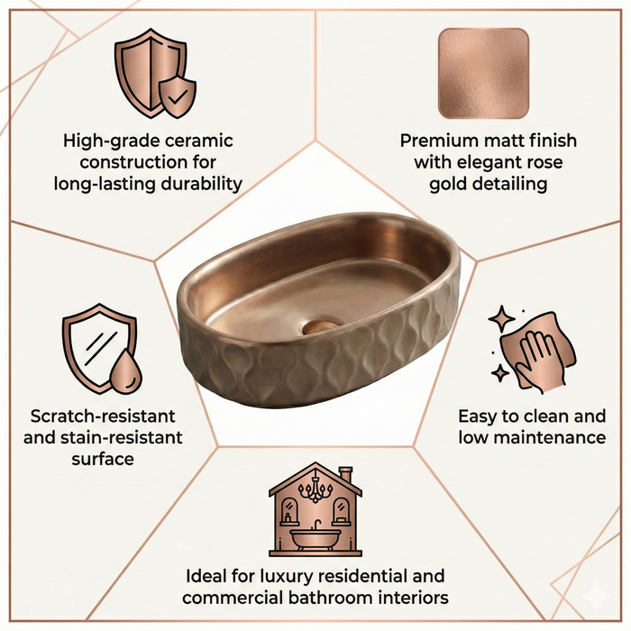 Premium Designer Ceramic Table Top Wash Basin, Dark Khakhi-Rose Gold Matt (20 x 12.5 x 5.5 In) ZXTT/761