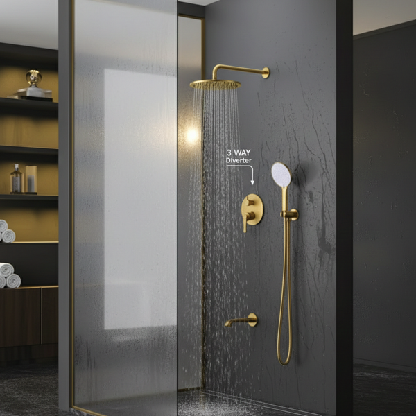 BASSINO Luxury Concealed Shower Set with Rain Shower, Hand Shower & Spout - 5 Years Warranty Brushed Gold