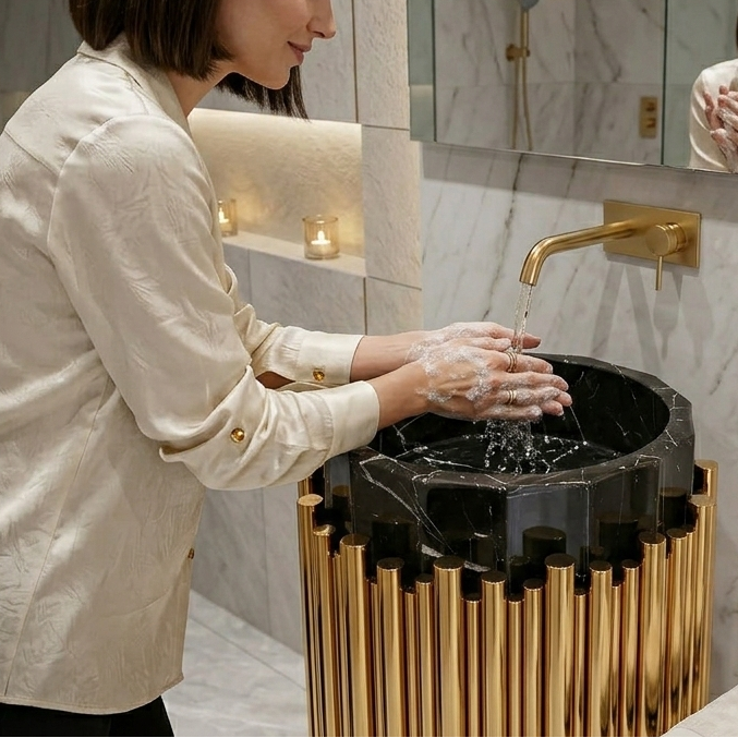 BASSINO Royal Fluted Black & Brushed Gold Pedestal Basin Black