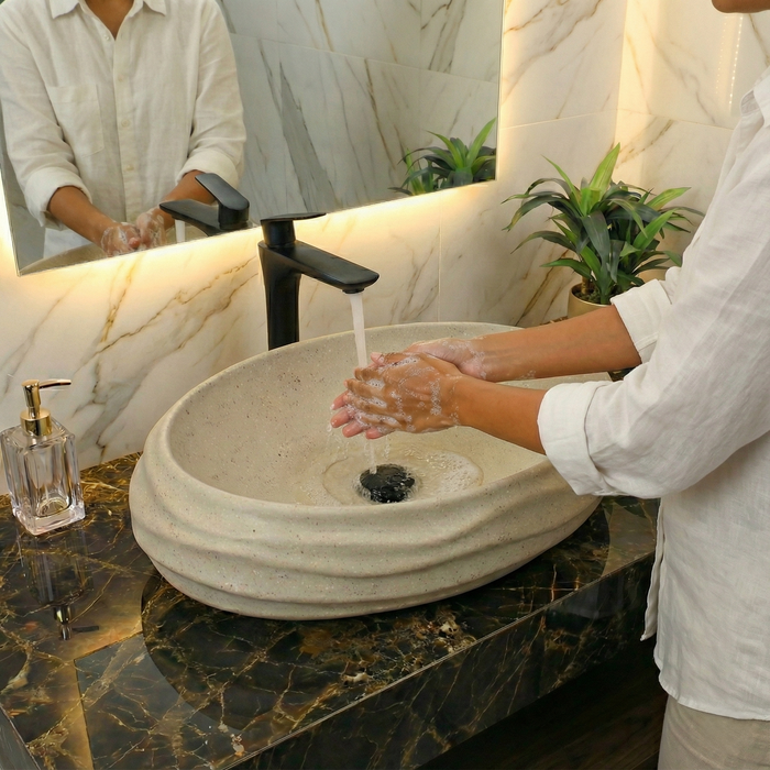 Terrazzo Matt Designer Countertop Wash Basin | Sculpted Oval Basin (22″ × 15″ × 6″ IN)