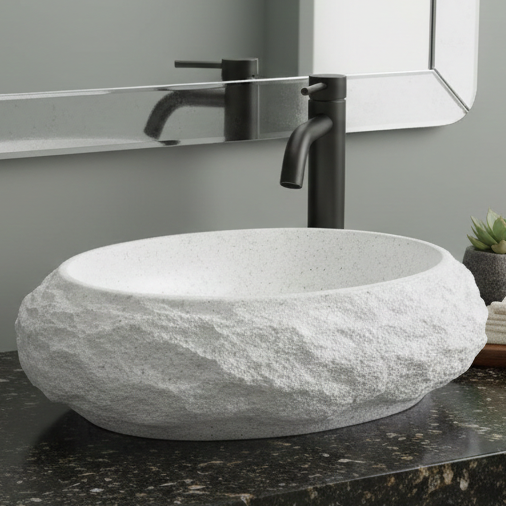 Modern Home Accent Countertop Wash Basin – Matt Artificial Stone Basin | 500×390×150 mm White