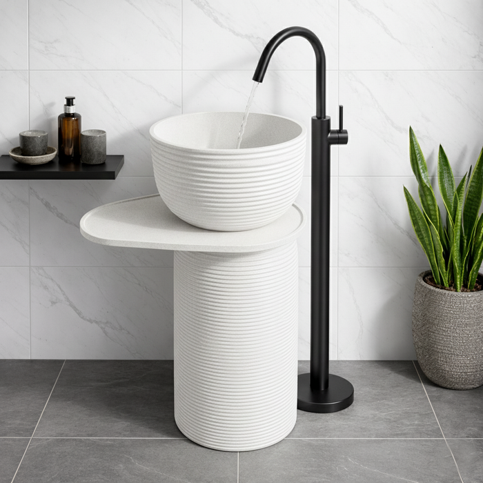 Luxury Pedestal Wash Basin with Side Shelf | Artificial Stone Freestanding Basin | 23.5″ × 16″ × 34″ In White