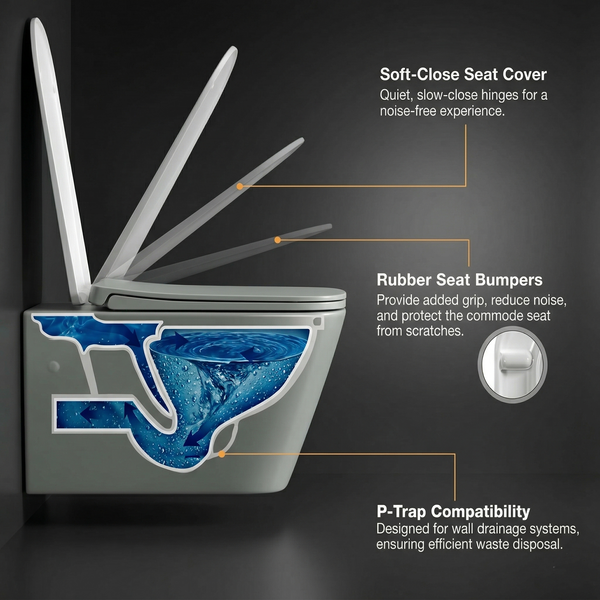 Bassino Full Matt Grey Wall Hung Toilet – Rimless WC with UF Seat Cover | 20.5 x 13.5 x 14.2 Inches