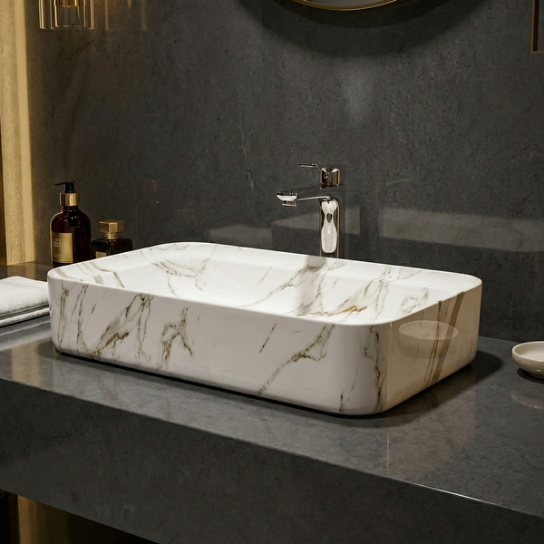 Luxury Glossy Marble Countertop Wash Basin | Designer Rectangular Table Top Basin | (30" × 16" × 6" IN) White