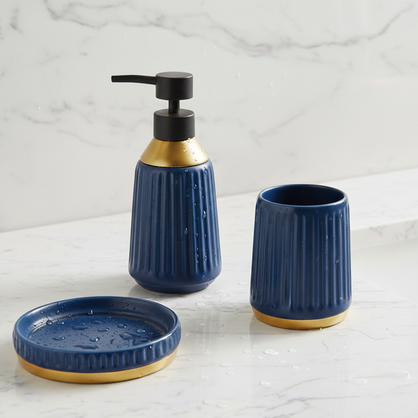 Premium 3-Piece Ceramic Bathroom Accessory Set Blue