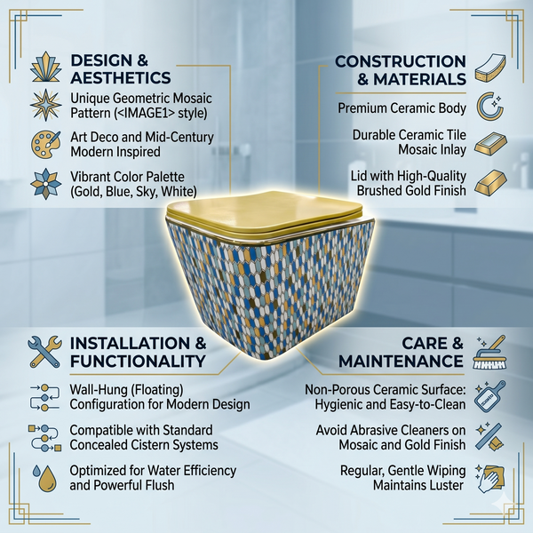 Bassino Designer Wall Hung Toilet (20.5 x 13.5 x 14 Inch) | Golden UF Seat Cover Rimless WC | Modern Commode