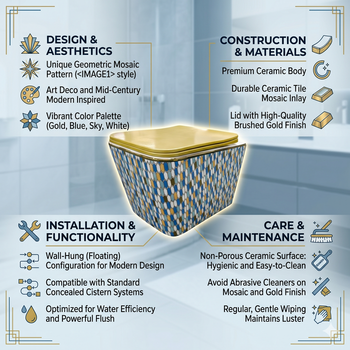 Bassino Designer Wall Hung Toilet (20.5 x 13.5 x 14 Inch) | Golden UF Seat Cover Rimless WC | Modern Commode