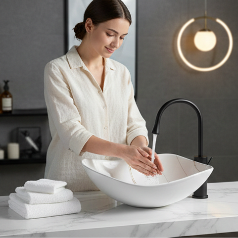 Premium Designer Ceramic Table Top Wash Basin, Matt Marble Finish (20 x 16 x 6.5 In) White