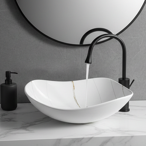 Premium Designer Ceramic Table Top Wash Basin, Matt Marble Finish (20 x 16 x 6.5 In) White