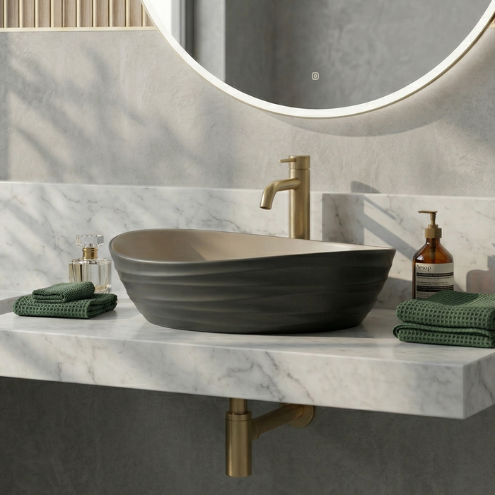 Premium Designer Ceramic Table Top Wash Basin, Dual Color Matt (22 x 14 x 6.5 In) Black