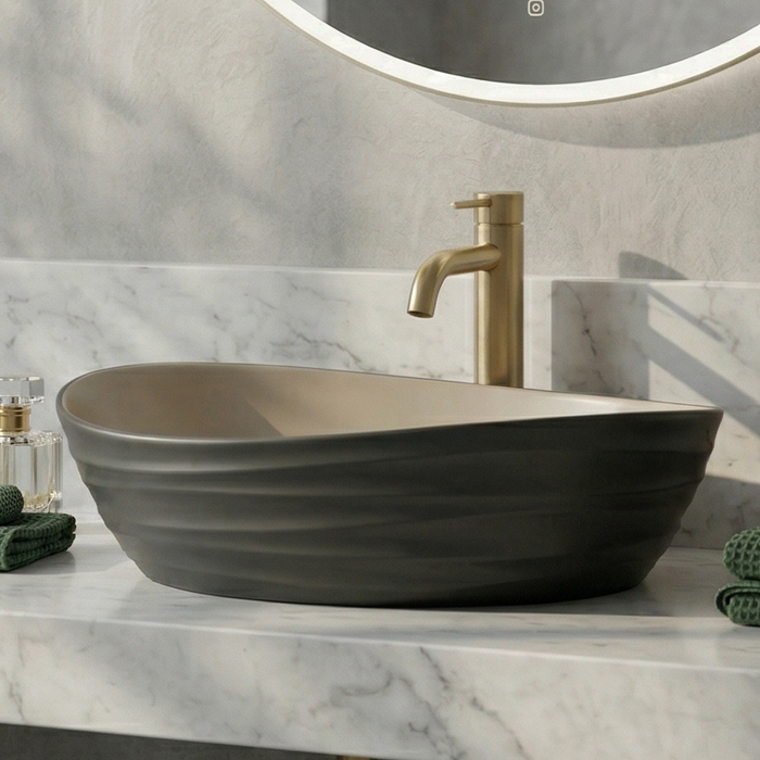 Premium Designer Ceramic Table Top Wash Basin, Dual Color Matt (22 x 14 x 6.5 In) Black