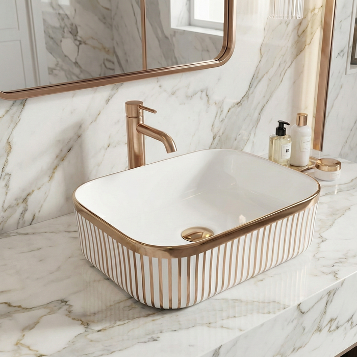 Designer Countertop Wash Basin | 16 × 12 × 6 Inch Luxury Bathroom Basin | Gold & Rose Gold Finish Variants