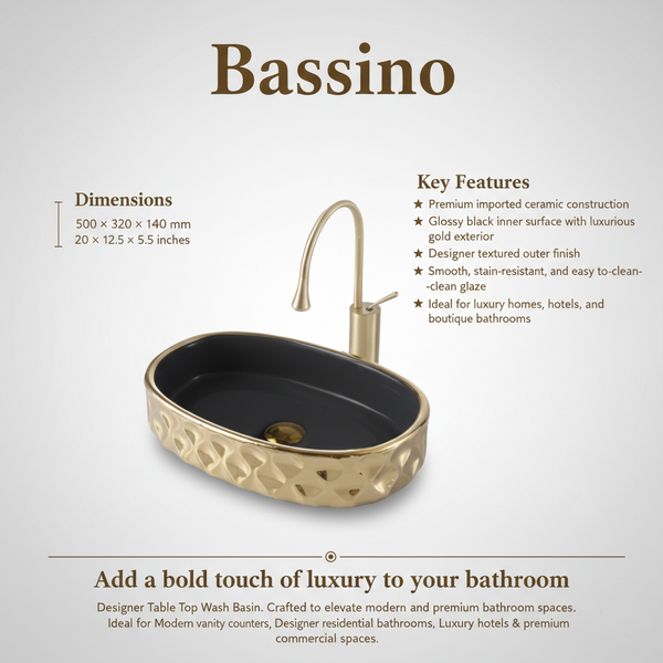 Bassino Luxury Table Top Wash Basin  – 20 × 12.5 × 5.5 Inches | Glossy Black & Gold Imported Basin