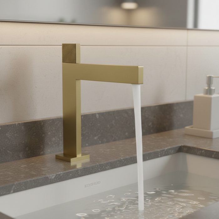 Premium Brass Tall Basin Mixer Faucet, Brushed Gold Finish (Hot & Cold) NCGF-515 – 5 Years Warranty