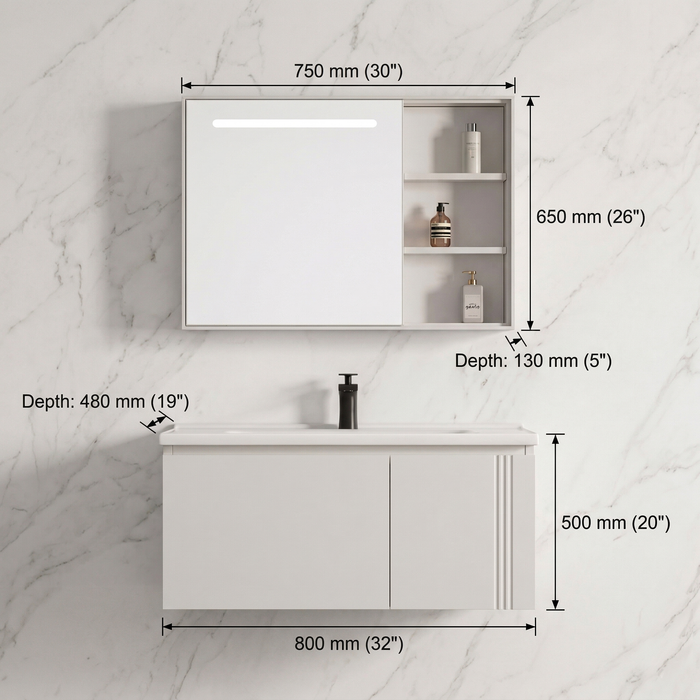 BASSINO Bathroom Vanity Cabinet Set – 32″ Wall Mounted PVC & Stainless Steel Vanity with Ceramic Basin & LED Mirror Cabinet