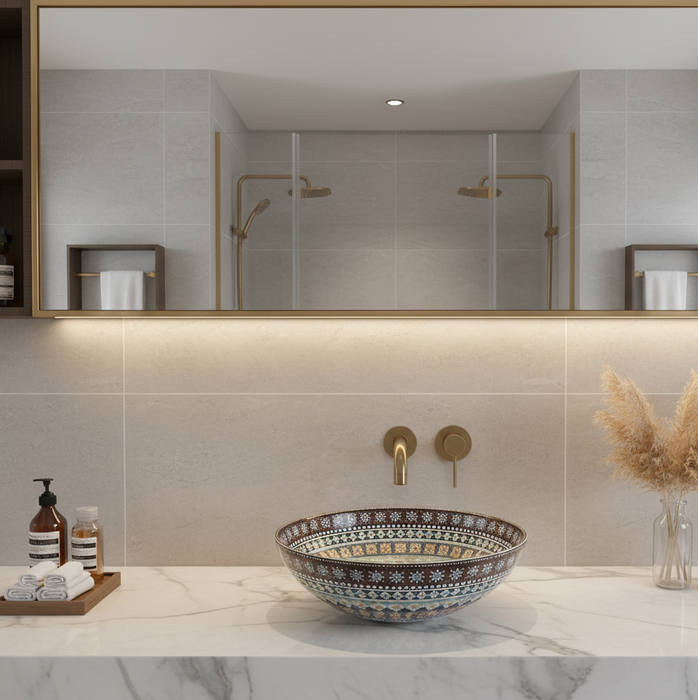 Designer Round Ceramic Countertop Basin (Traditional Multicolor Pattern (16 x 16 x5 In- AB676)