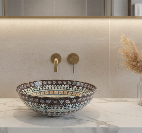 Designer Round Ceramic Countertop Basin Traditional Multicolor Pattern (16 x 16 x5 In- AB676)