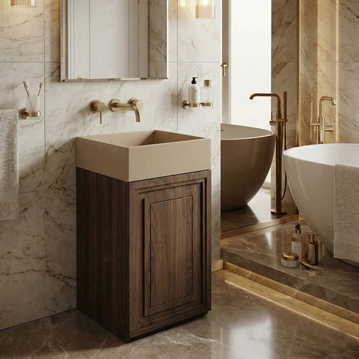 Luxury Artificial Pedestal Basin with Wooden Cabinet Base – Without Tap Hole | Designer Freestanding Wash Basin | Approx. 19" × 19" × 37" ZXPB/55